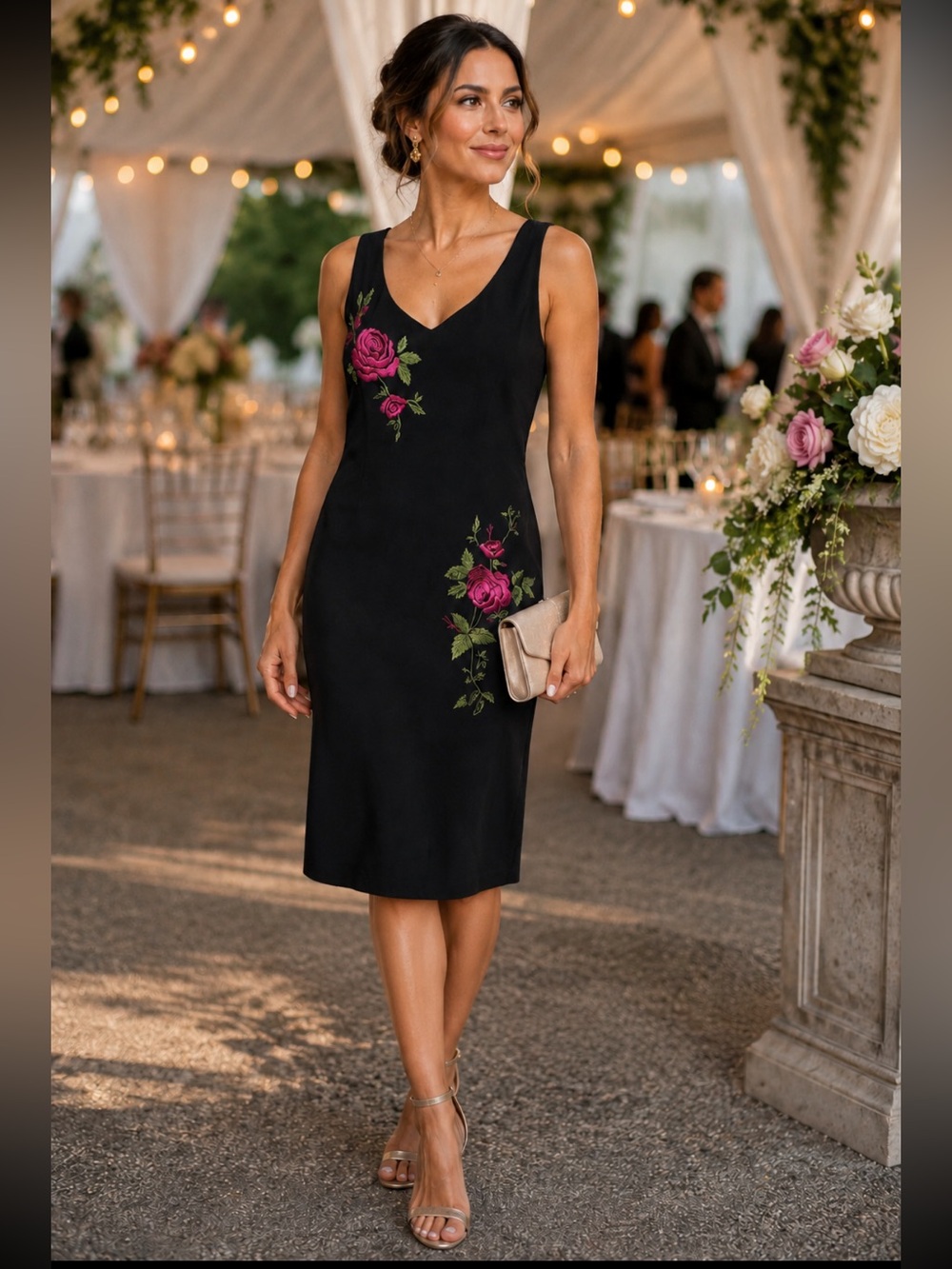 SL Fashions Black Vintage Embroidered Floral Sleeveless Midi Dress Sz 10P NWT